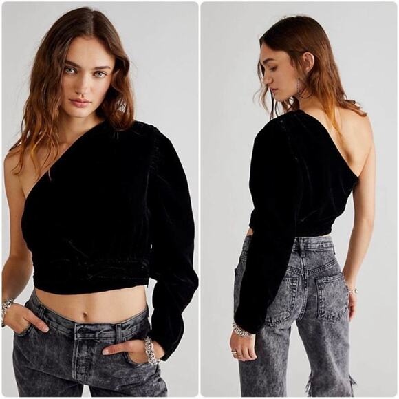 Free People Now Tell Me About It Black Velvet One Shoulder Cropped Top Size XS - Picture 1 of 5